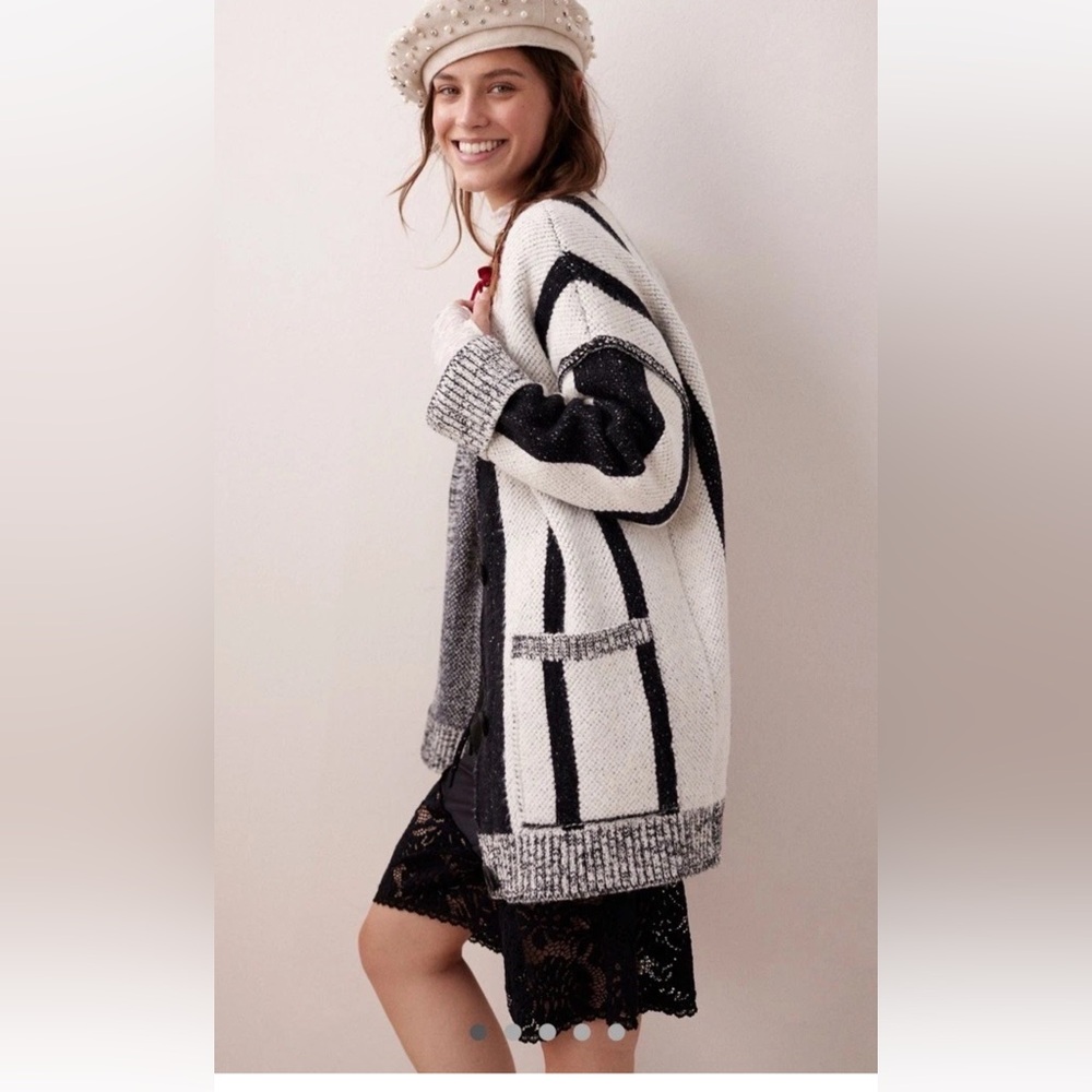 Free People State Side Cardigan Knit Button Striped Black White Combo